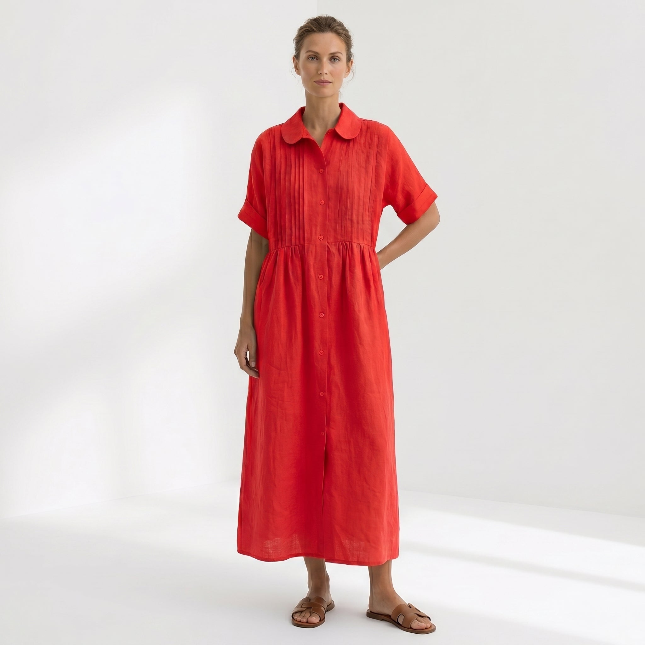 Margarita | Vestido Largo Camisero de Lino Mujer Pliegues Frontales