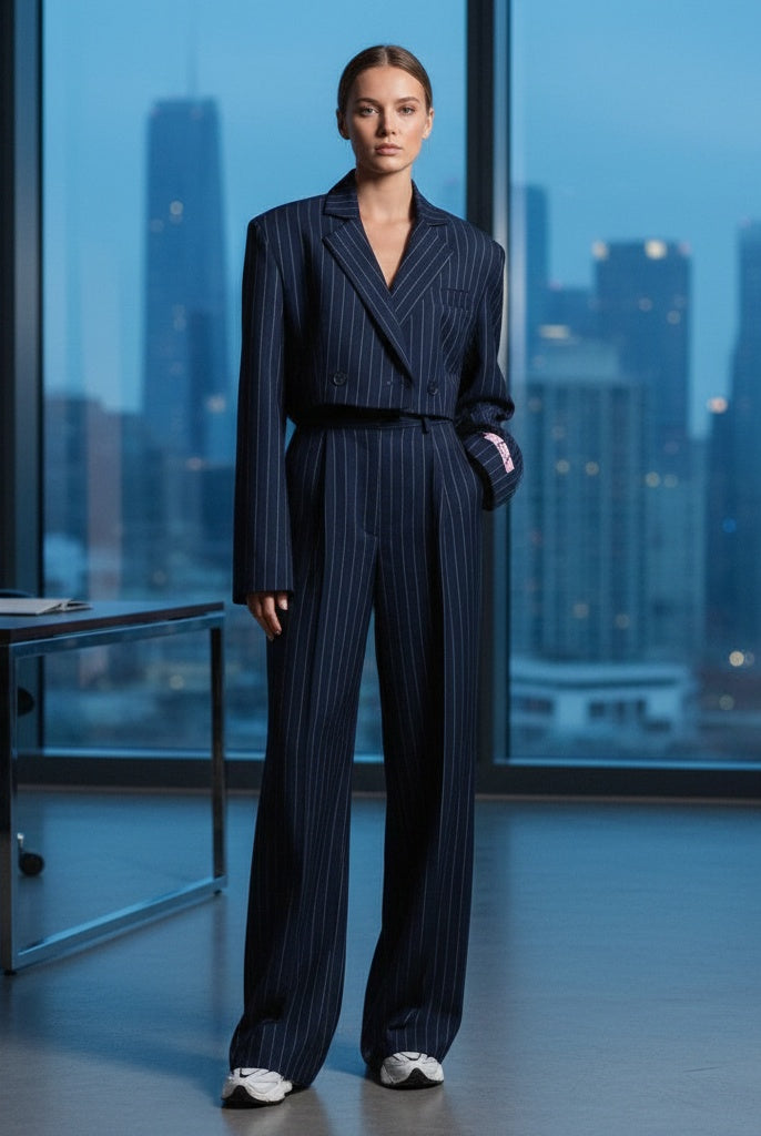 Marina | Conjunto Elegante de Rayas Mujer Blazer Cropped Pantalón Ancho