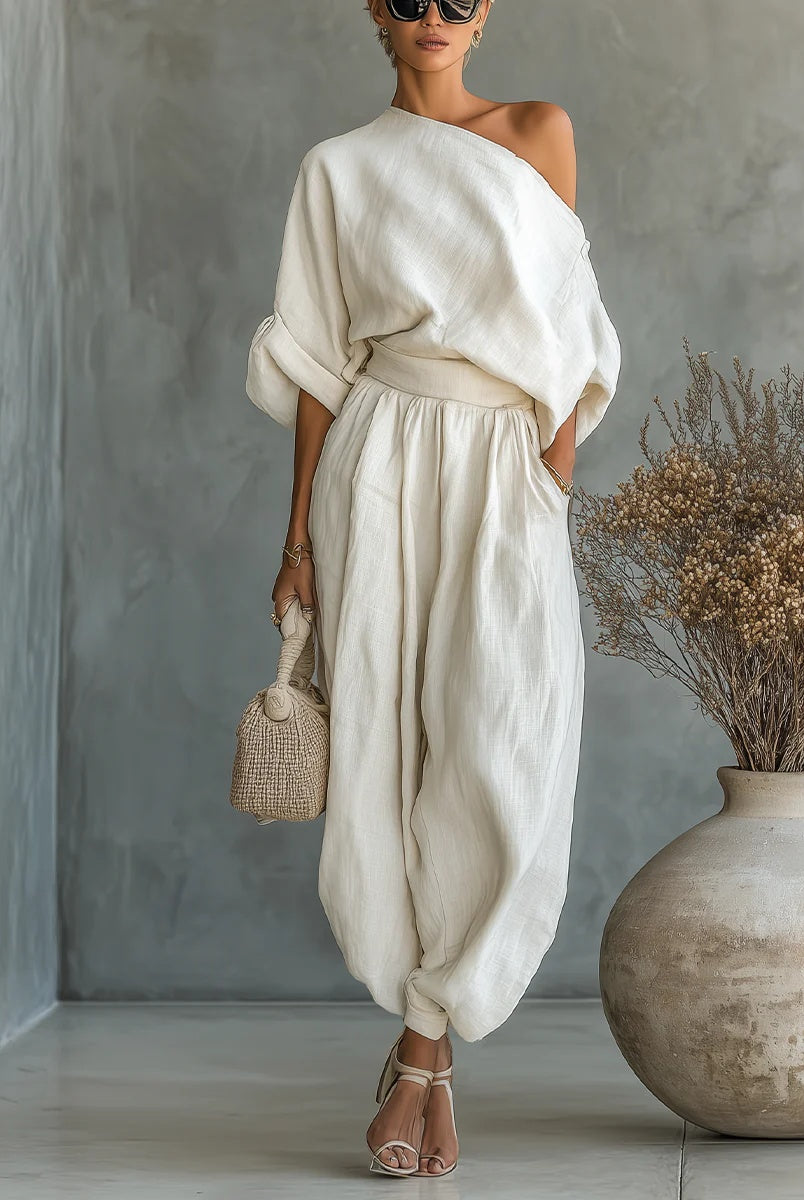 Marina | Conjunto Elegante de Un Hombro Mujer Pantalón Palazzo