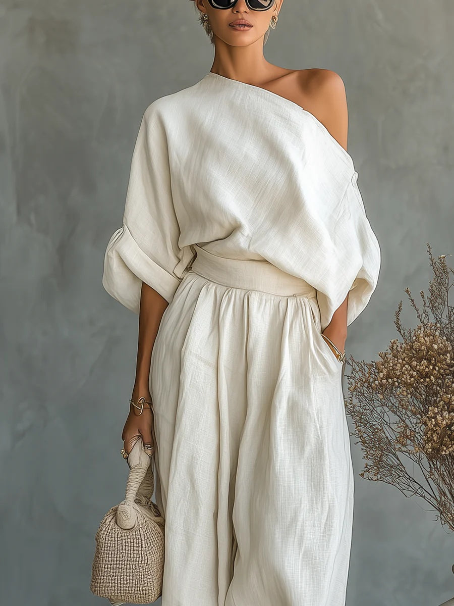 Marina | Conjunto Elegante de Un Hombro Mujer Pantalón Palazzo