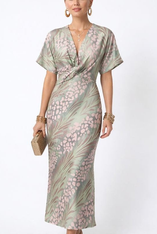 Marina | Vestido Midi Drapeado Mujer Escote V Manga Corta