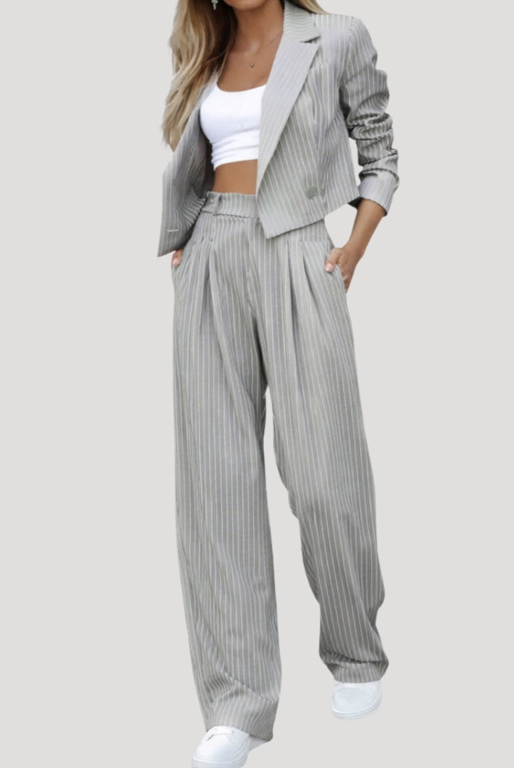 Marisol | Conjunto de Traje de Rayas Blazer y Pantalón Palazzo Mujer