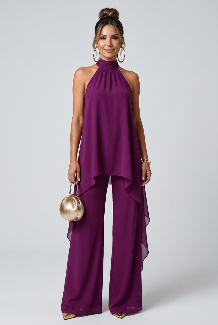 Marisol | Conjunto Top Asimétrico y Pantalón Palazzo Mujer Cuello Halter