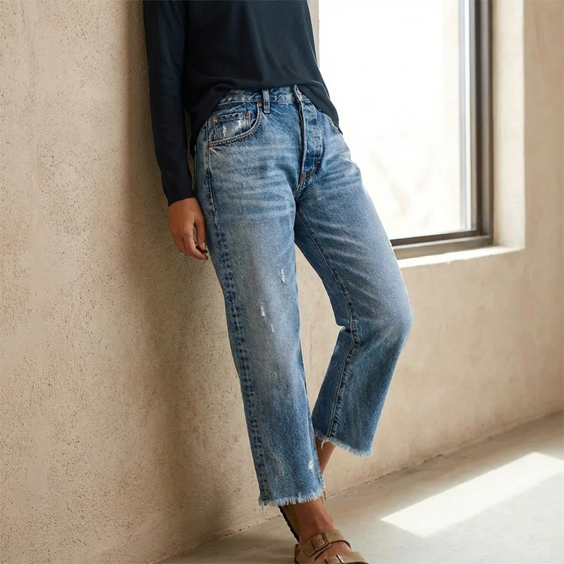 Marisol | Jeans Rectos Destroyed Mujer Cintura Alta Cropped
