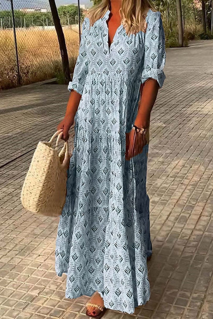 Marisol | Vestido Largo Boho Estampado Geométrico Mujer Escote V
