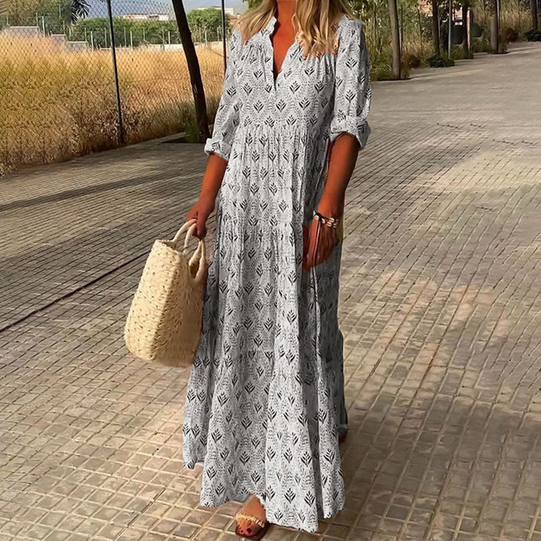 Marisol | Vestido Largo Boho Estampado Geométrico Mujer Escote V