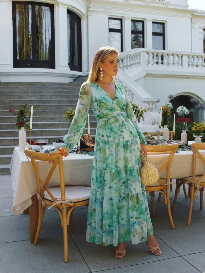 Marisol | Vestido Largo con Volantes Estampado Floral Mujer Escote V