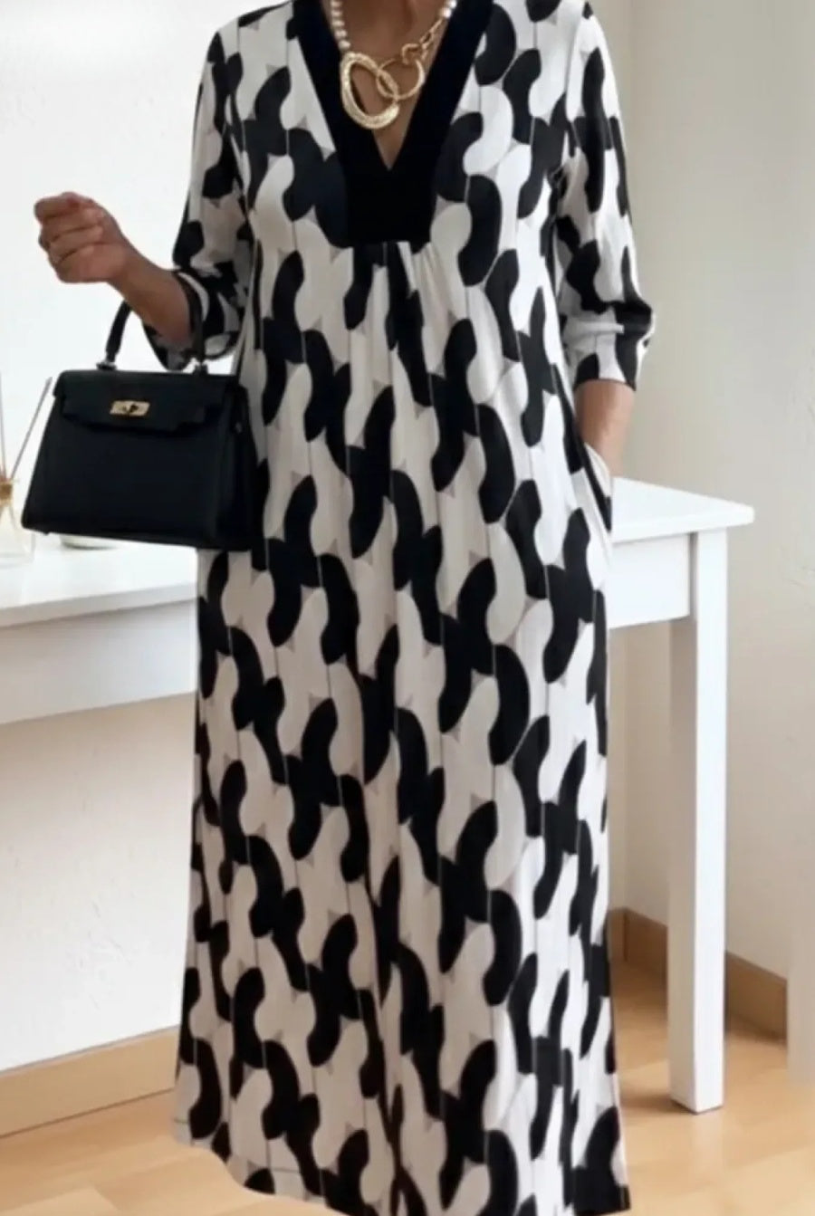 Marisol | Vestido Largo Elegante Estampado Geométrico Mujer Escote V Manga Tres Cuartos