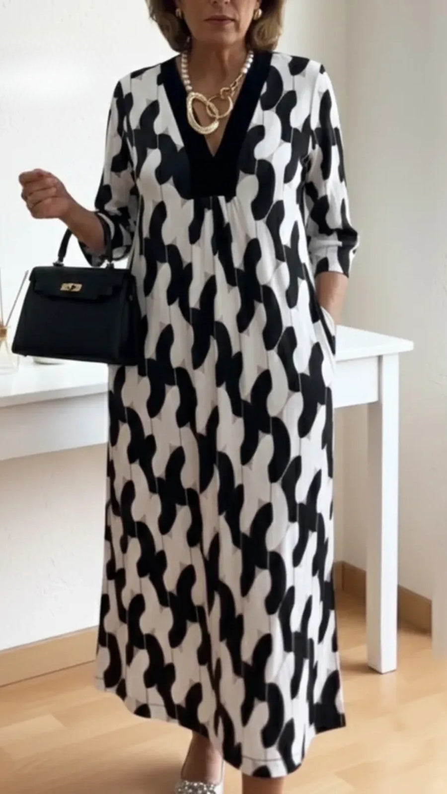 Marisol | Vestido Largo Elegante Estampado Geométrico Mujer Escote V Manga Tres Cuartos