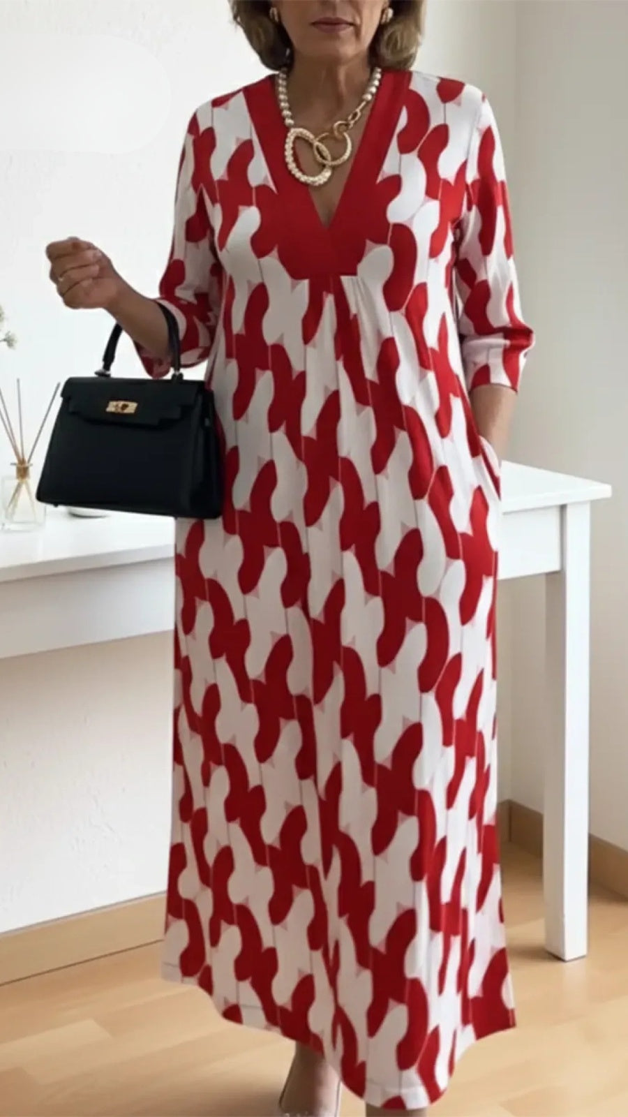 Marisol | Vestido Largo Elegante Estampado Geométrico Mujer Escote V Manga Tres Cuartos