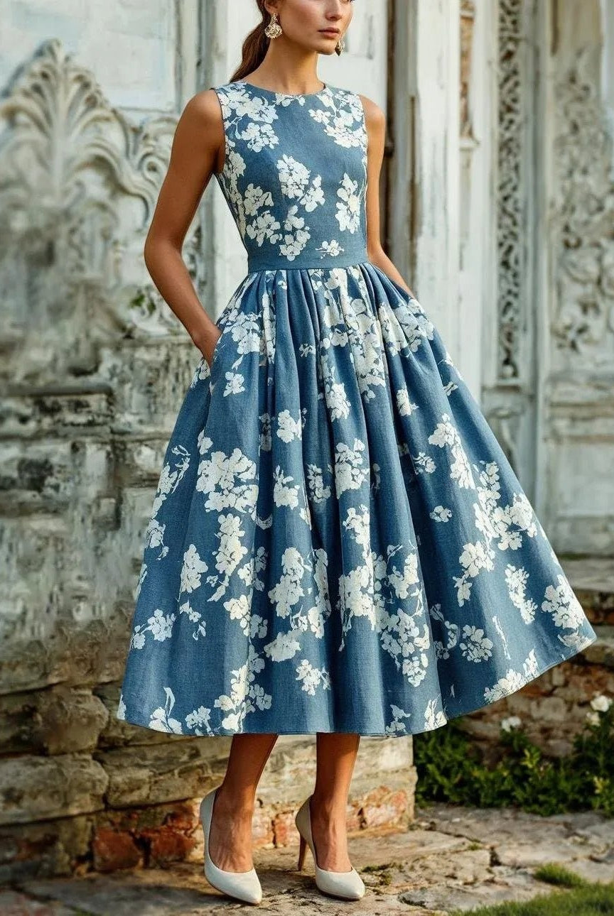 Marisol | Vestido Midi Sin Mangas de Lino Floral Mujer