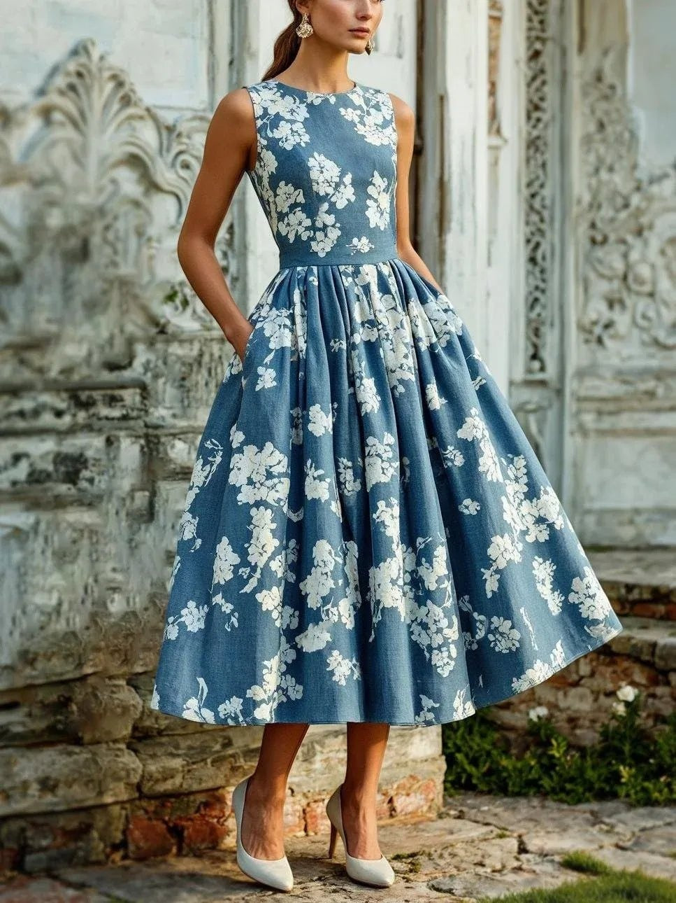 Marisol | Vestido Midi Sin Mangas de Lino Floral Mujer