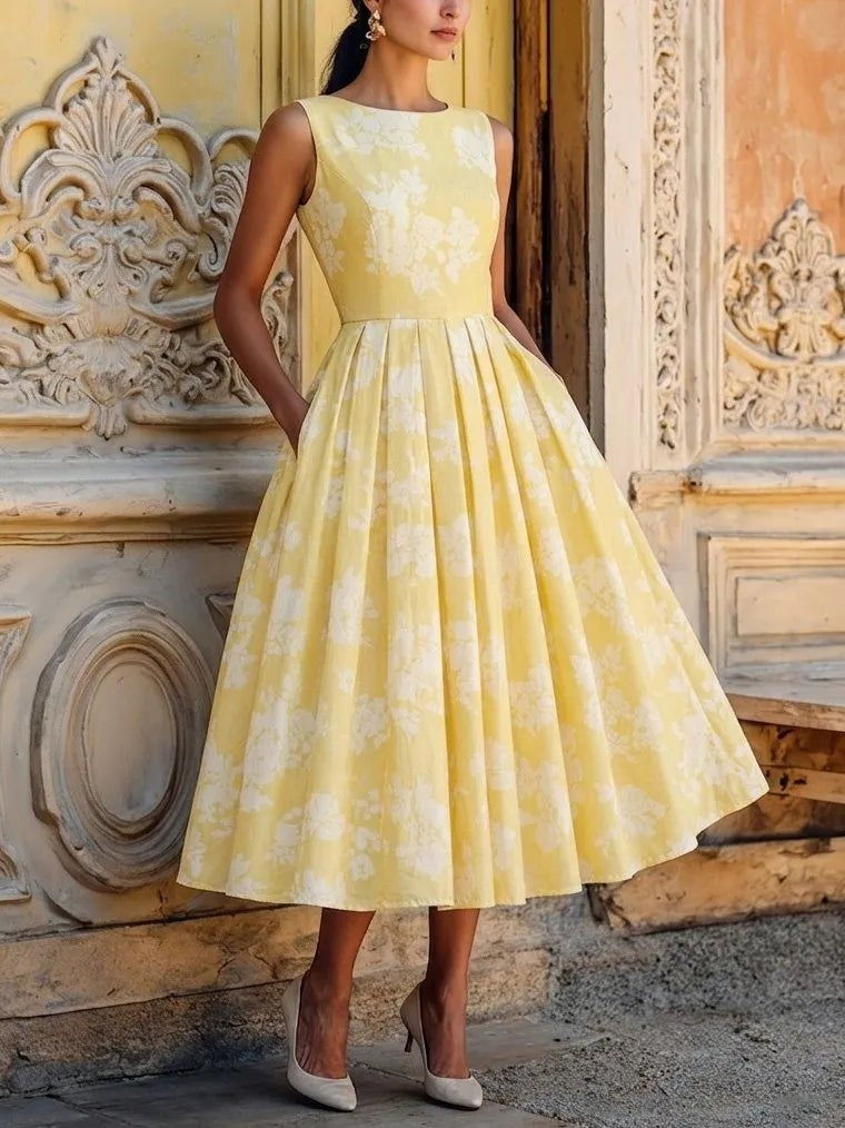 Marisol | Vestido Midi Sin Mangas de Lino Floral Mujer