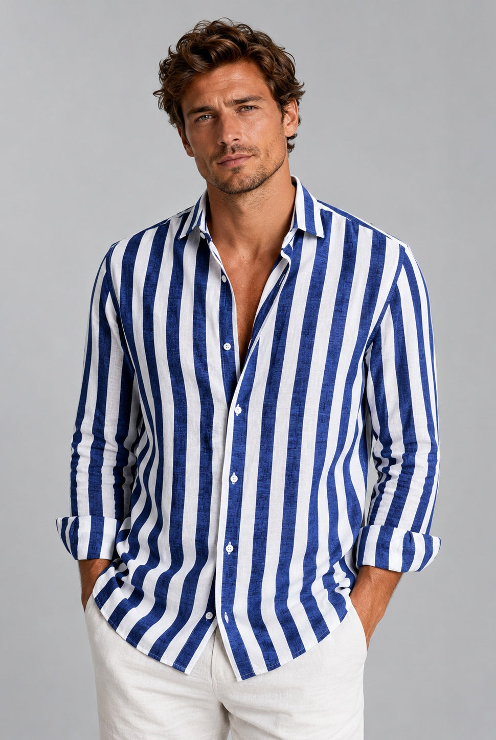Martí | Camisa de Lino de Manga Larga Hombre Rayas