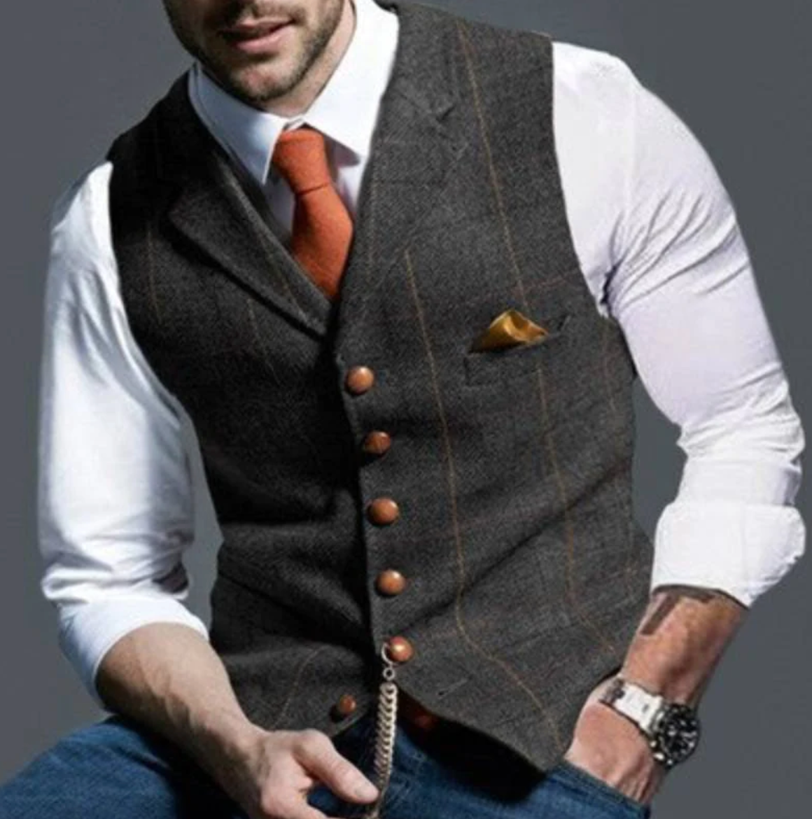 Mateo | Gilet Hombre Tweed Cuadros Botonadura Frontal