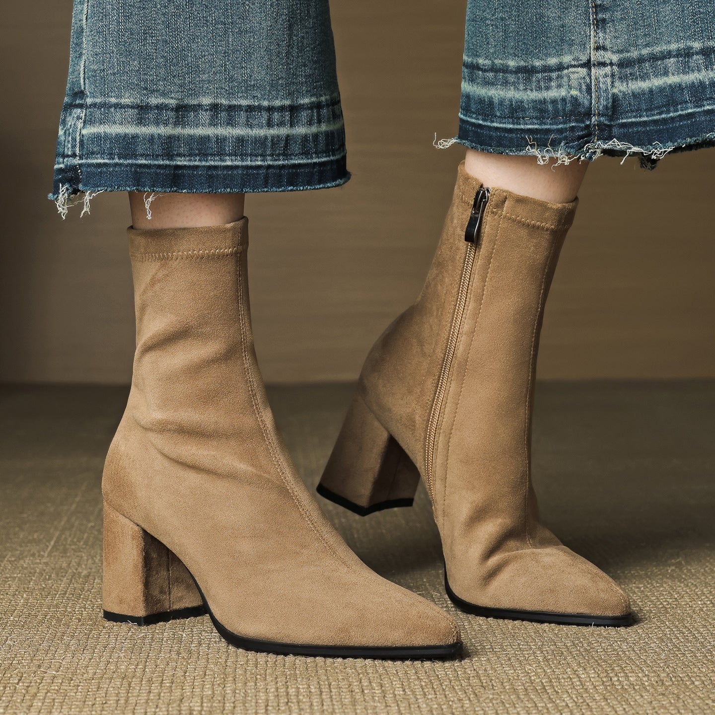 Mencía | Botines de Ante Tacón Bloque Mujer Cremallera Lateral