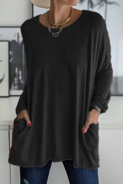 Mencía | Camiseta Oversize de Manga Larga Mujer Bolsillos Cuello Redondo