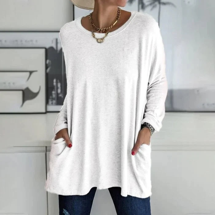 Mencía | Camiseta Oversize de Manga Larga Mujer Bolsillos Cuello Redondo