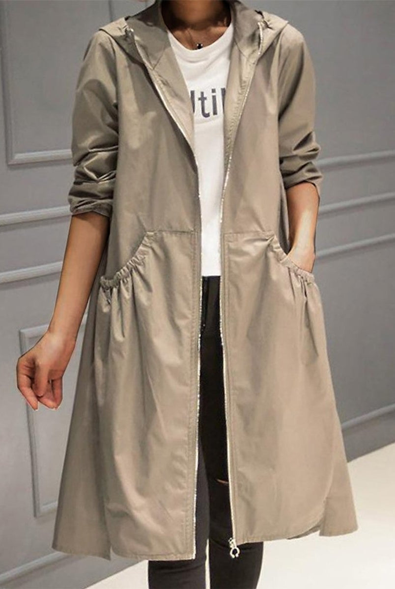 Mencía | Parka Impermeable Mujer Larga con Capucha Cintura Fruncida