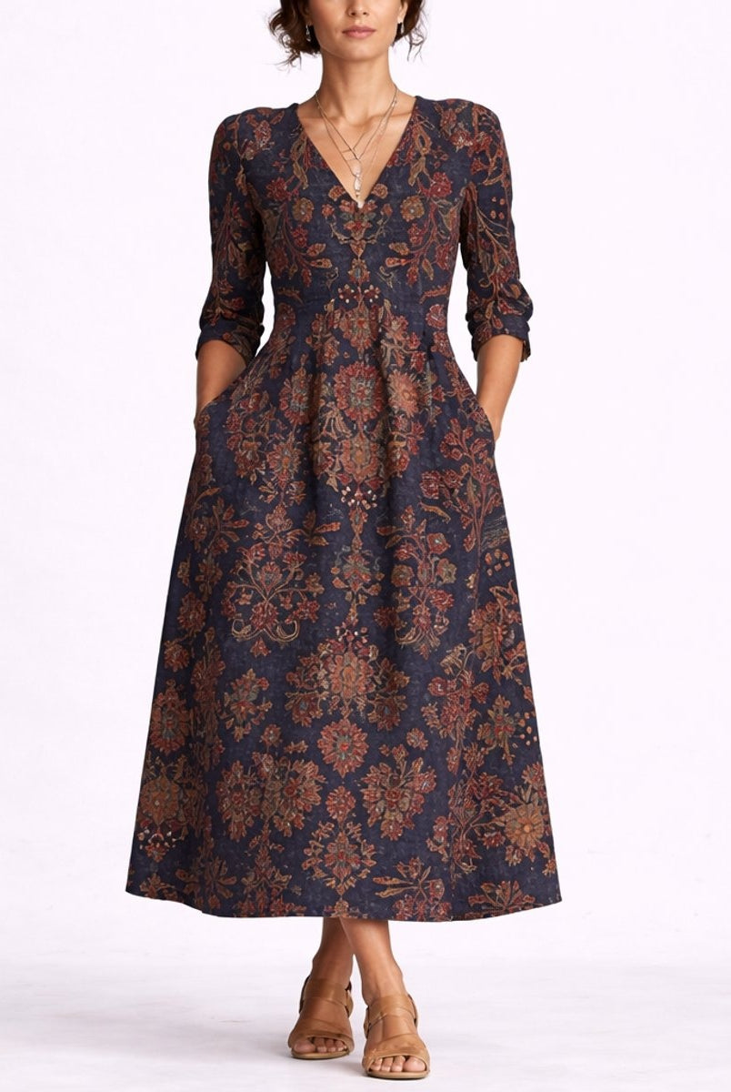 Mencía | Vestido Invitada Invierno Estampado Floral Mujer Manga 3/4 Bolsillos