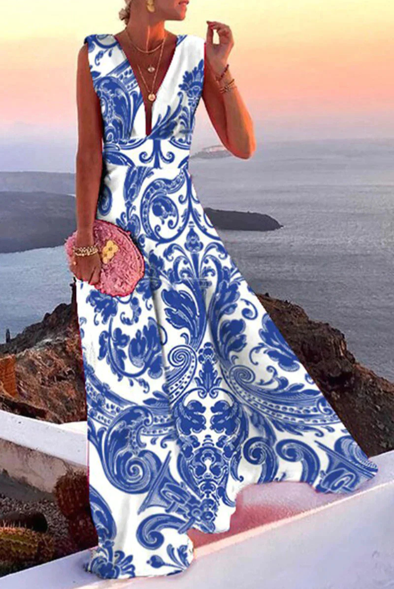 Mencía | Vestido Largo de Invitada Escote V Sin Mangas Mujer Estampado Barroco