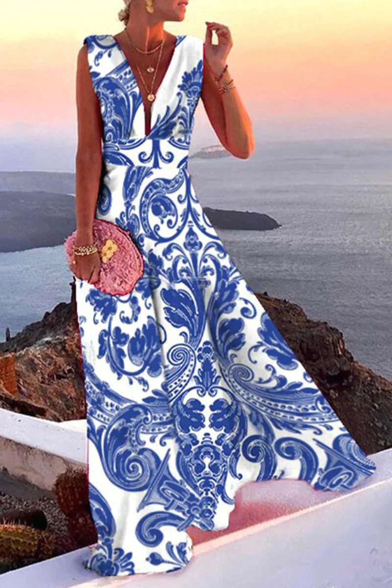 Mencía | Vestido Largo de Invitada Escote V Sin Mangas Mujer Estampado Barroco