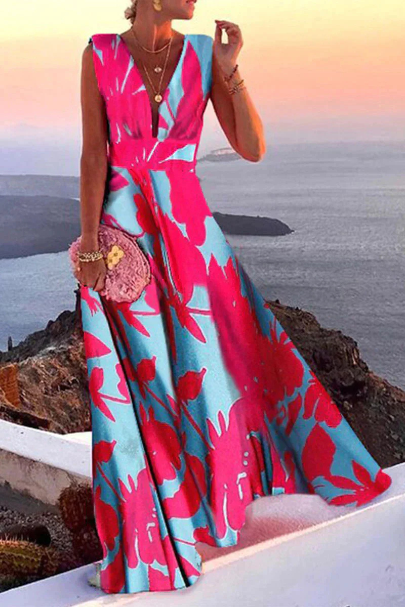 Mencía | Vestido Largo de Invitada Escote V Sin Mangas Mujer Estampado Barroco