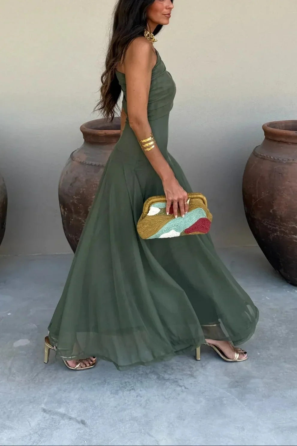 Mencía | Vestido Largo Palabra de Honor Mujer Drapeado Hombro