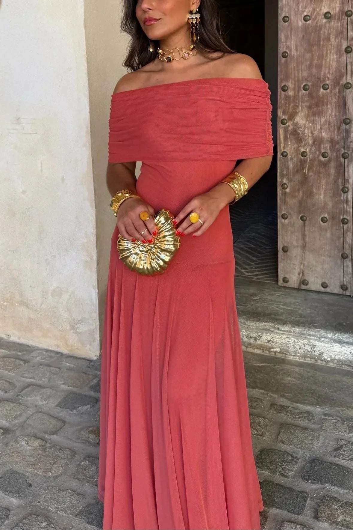Mencía | Vestido Largo Palabra de Honor Mujer Drapeado Hombro