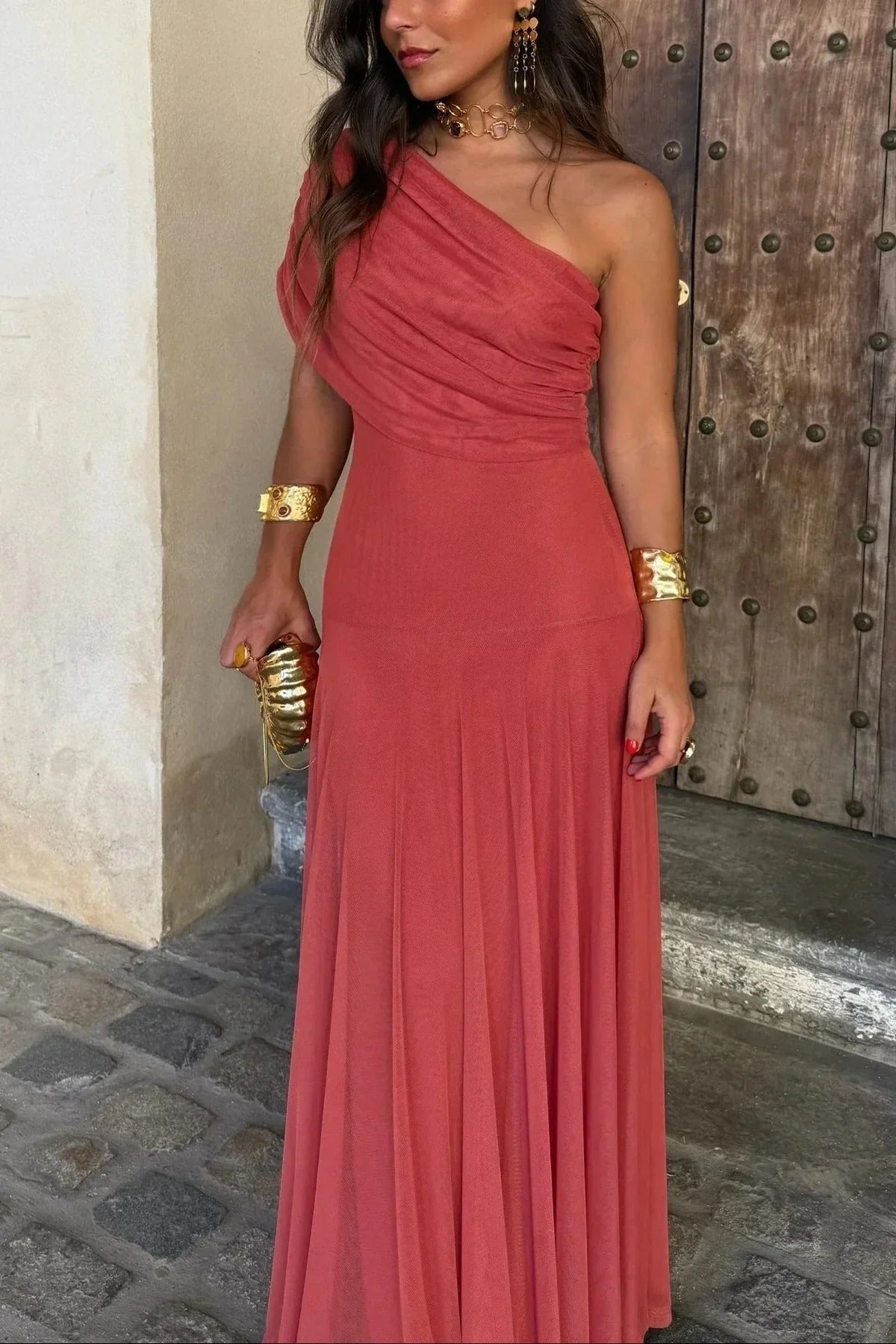 Mencía | Vestido Largo Palabra de Honor Mujer Drapeado Hombro