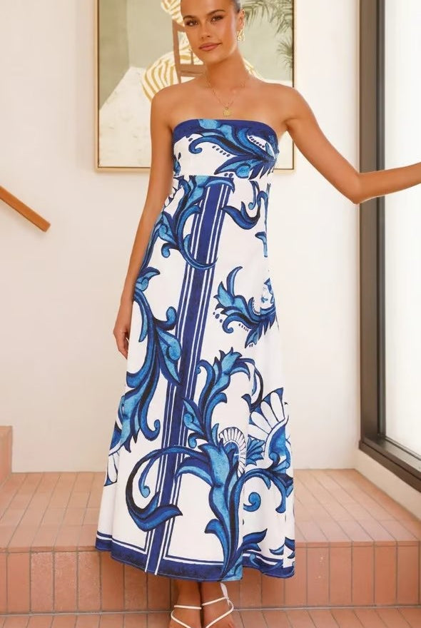 Mencía | Vestido Palabra de Honor Estampado Largo Mujer Sin Tirantes
