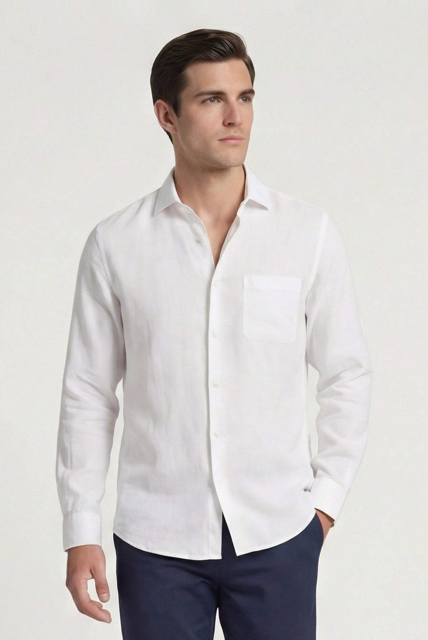 Mikel | Camisa Blanca de Lino Manga Larga Hombre Bolsillo Pecho