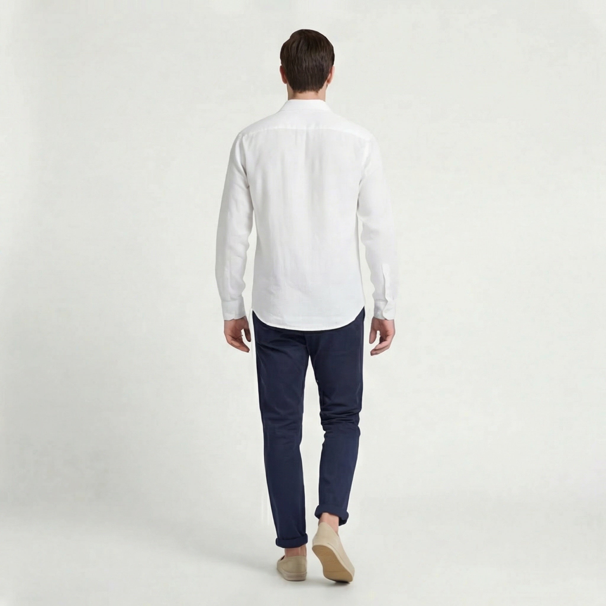 Mikel | Camisa Blanca de Lino Manga Larga Hombre Bolsillo Pecho
