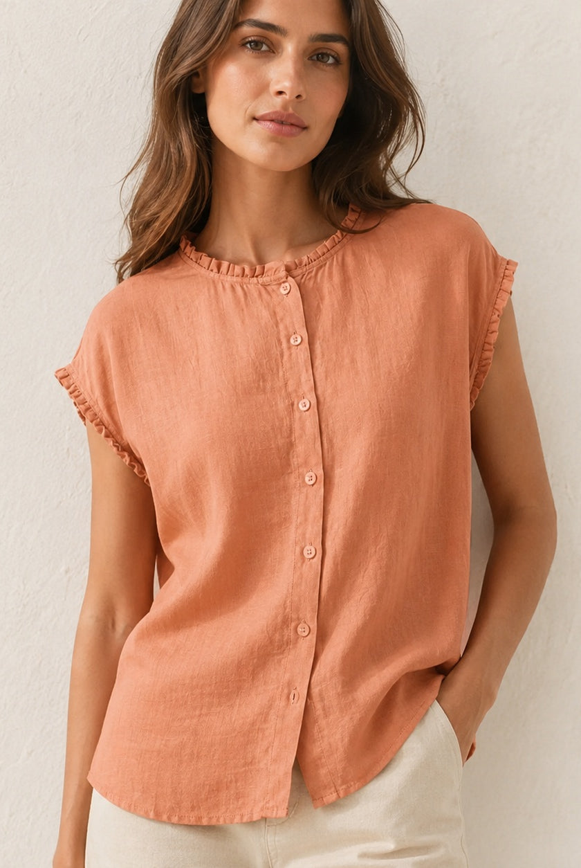 Miriam | Blusa de Lino con Volantes Mujer Sin Mangas Botones