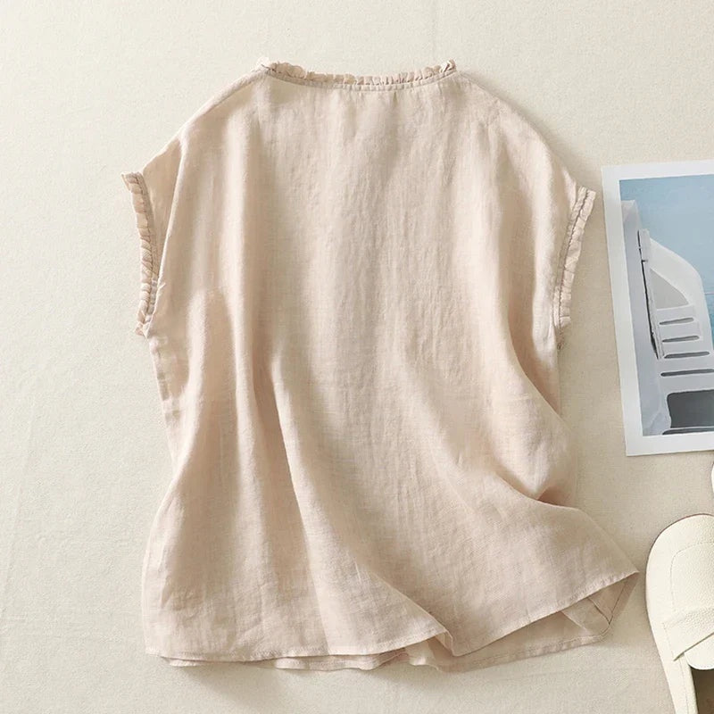 Miriam | Blusa de Lino con Volantes Mujer Sin Mangas Botones