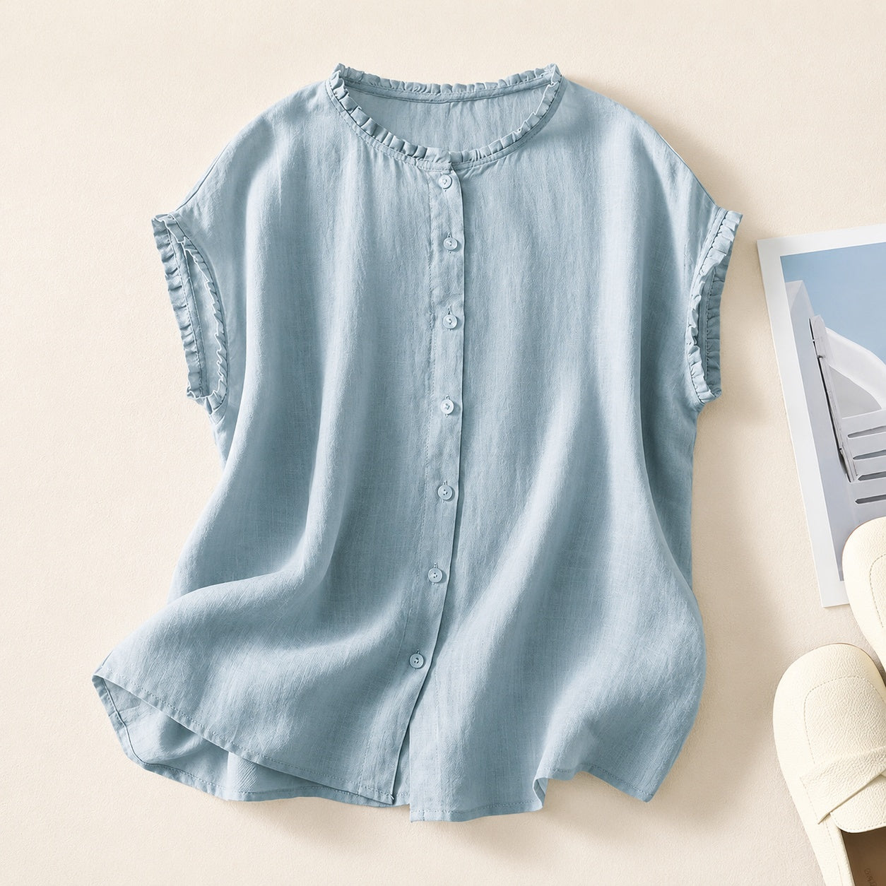 Miriam | Blusa de Lino con Volantes Mujer Sin Mangas Botones