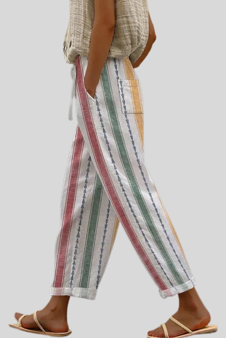 Miriam | Pantalón de Lino Palazzo Estampado Rayas Mujer Cintura Elástica