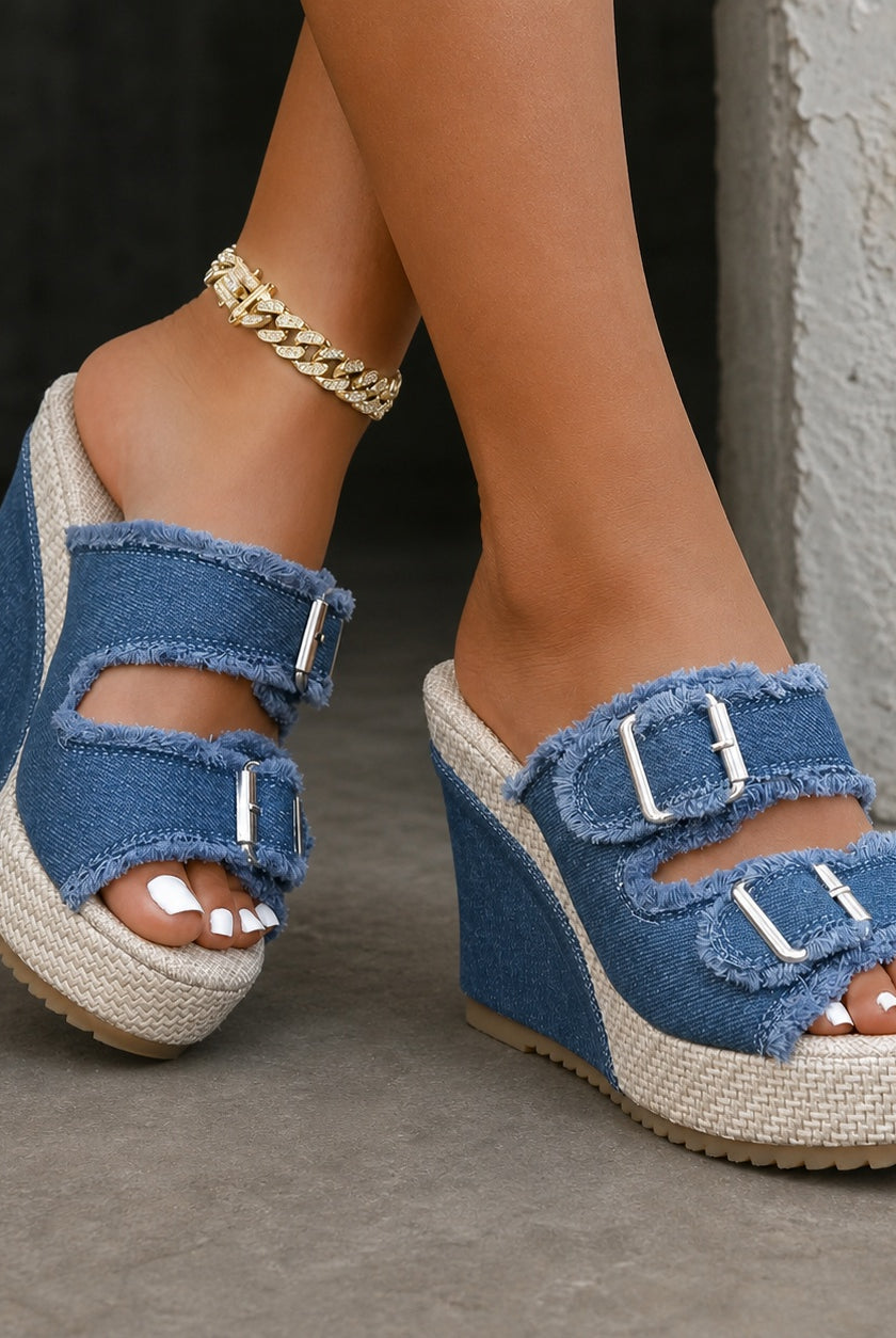 Miriam | Sandalias de Cuña Mujer Hebilla Denim Plataforma