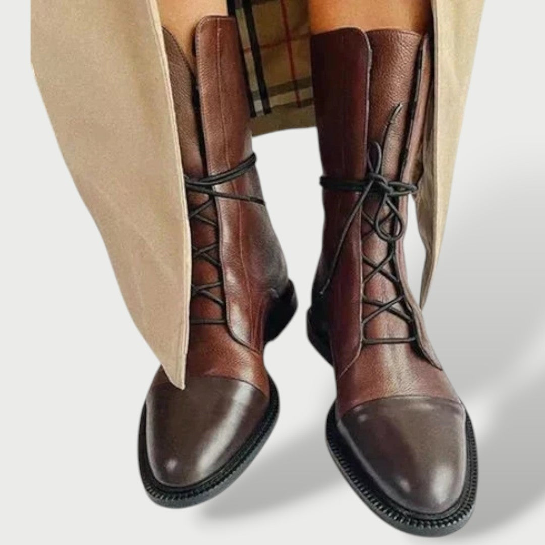 Mónica | Botas Militares de Piel Planas Mujer Cordones Caña Media