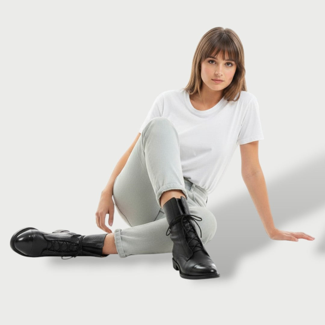 Mónica | Botas Militares de Piel Planas Mujer Cordones Caña Media