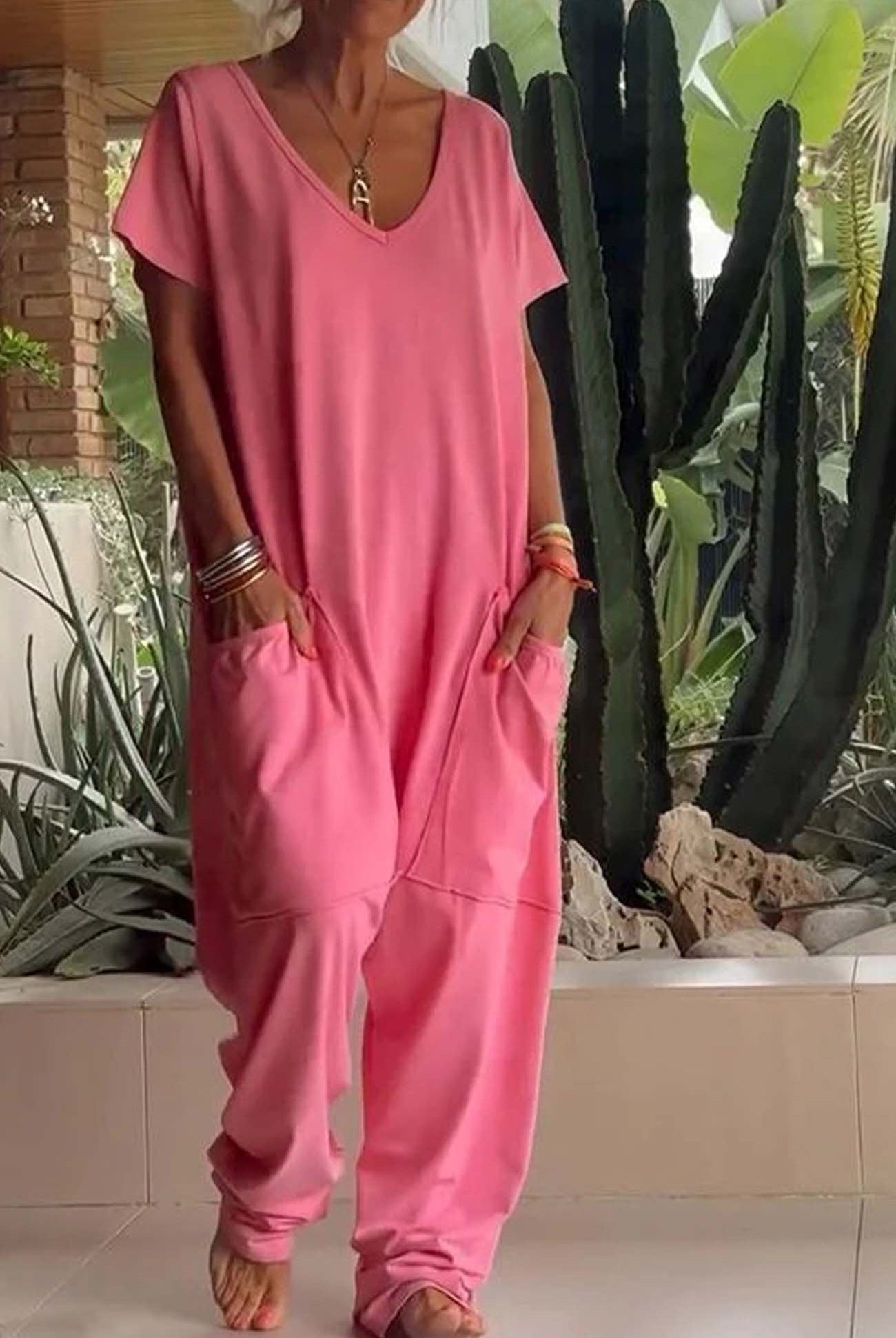 Mono Largo Casual Mujer Escote V Bolsillos