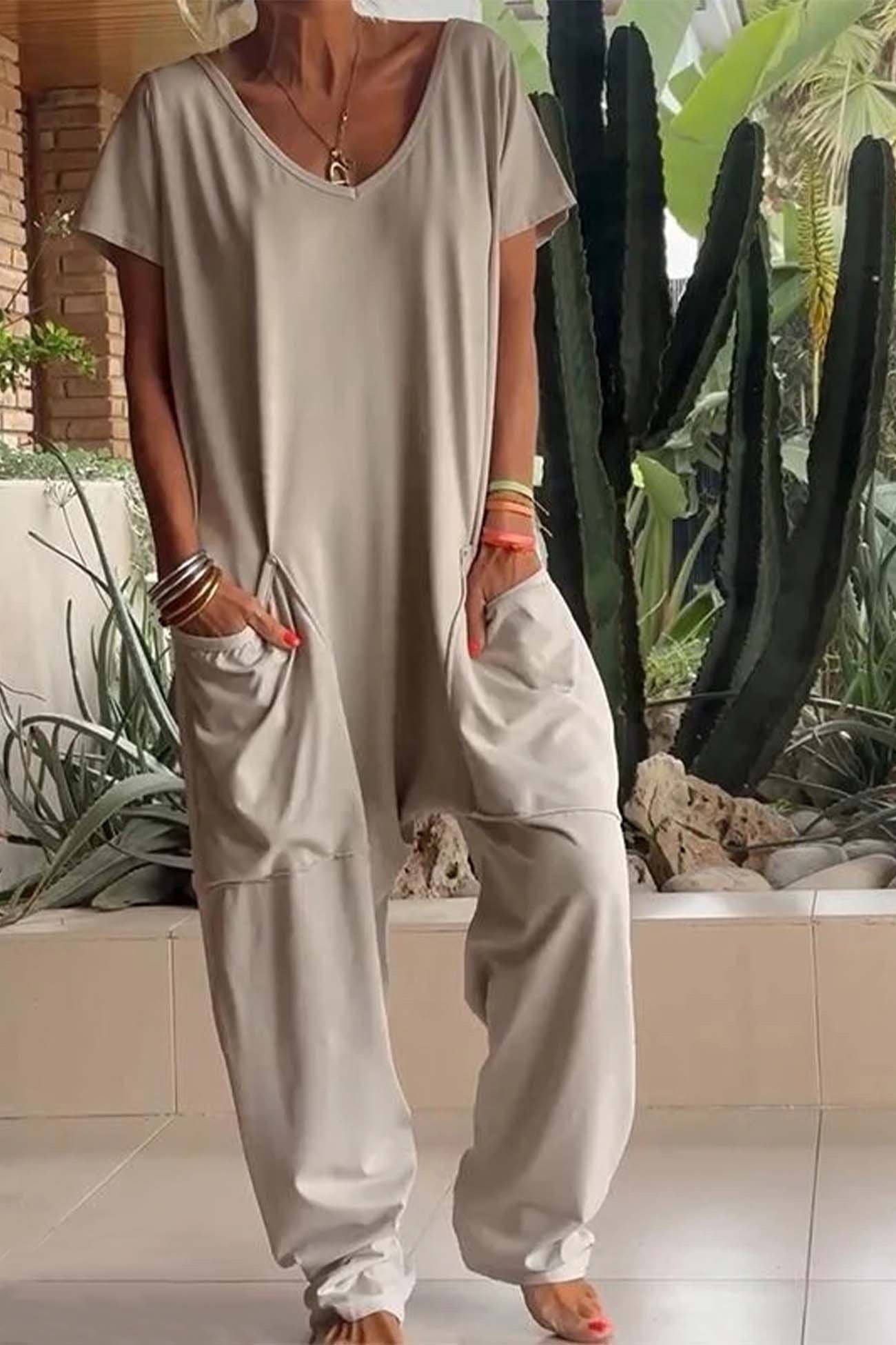 Mono Largo Casual Mujer Escote V Bolsillos