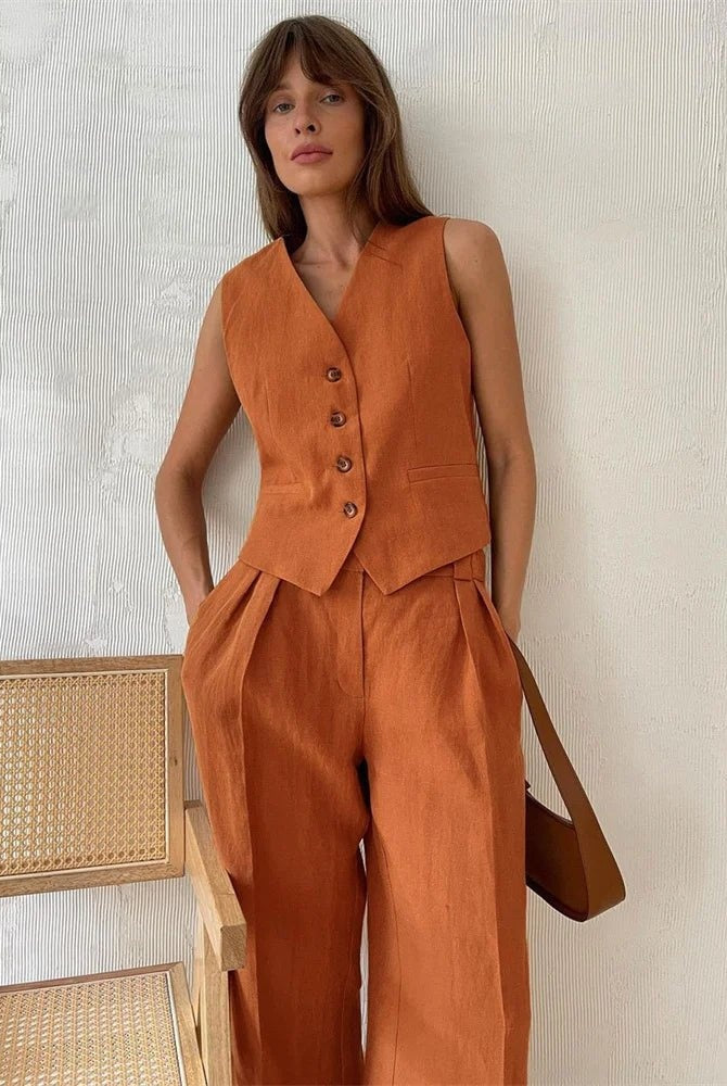 Montserrat | Conjunto Chaleco de Lino y Pantalón de Pierna Ancha Mujer