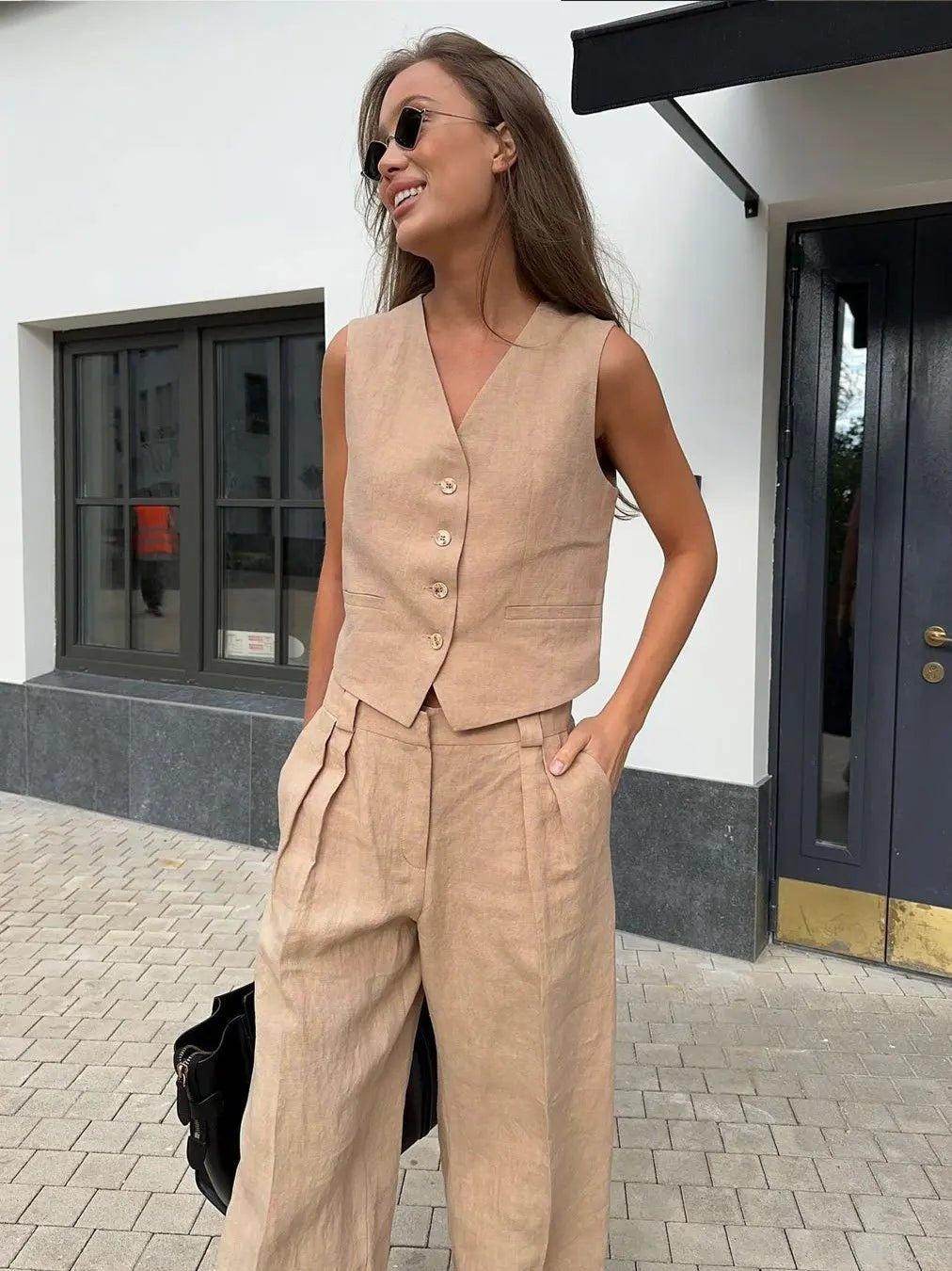 Montserrat | Conjunto Chaleco de Lino y Pantalón de Pierna Ancha Mujer