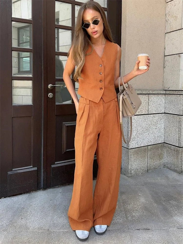 Montserrat | Conjunto Chaleco de Lino y Pantalón de Pierna Ancha Mujer