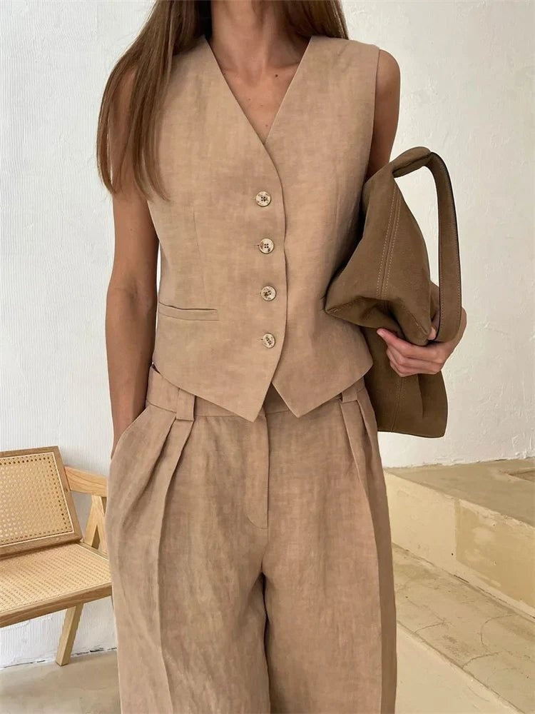 Montserrat | Conjunto Chaleco de Lino y Pantalón de Pierna Ancha Mujer