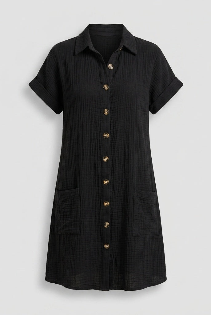 Montserrat | Vestido Camisero Corto Mujer Manga Corta Bolsillos