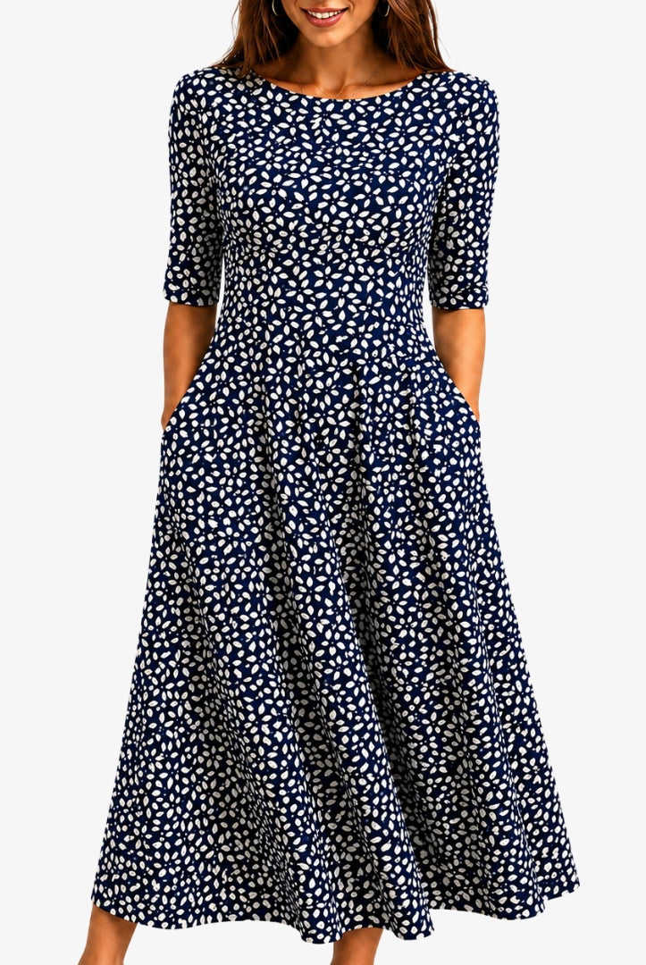Montserrat | Vestido Invitada Otoño Estampado Mujer Manga Corta con Bolsillos