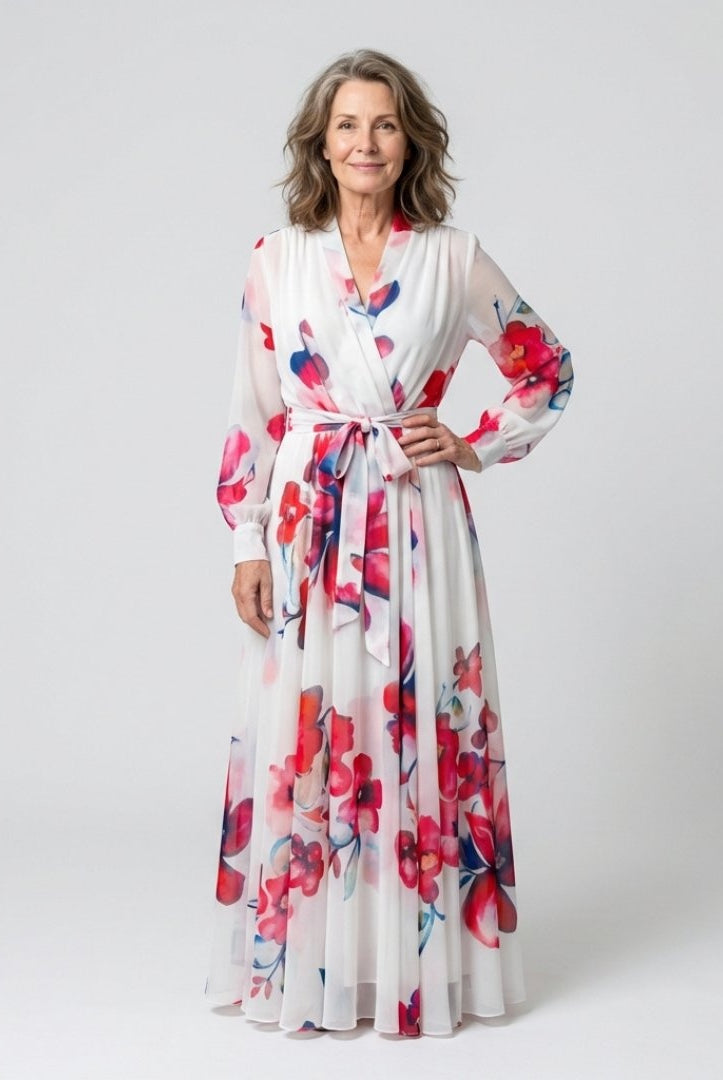 Montserrat | Vestido Largo de Madrina Floral Mujer Manga Larga Cinturón