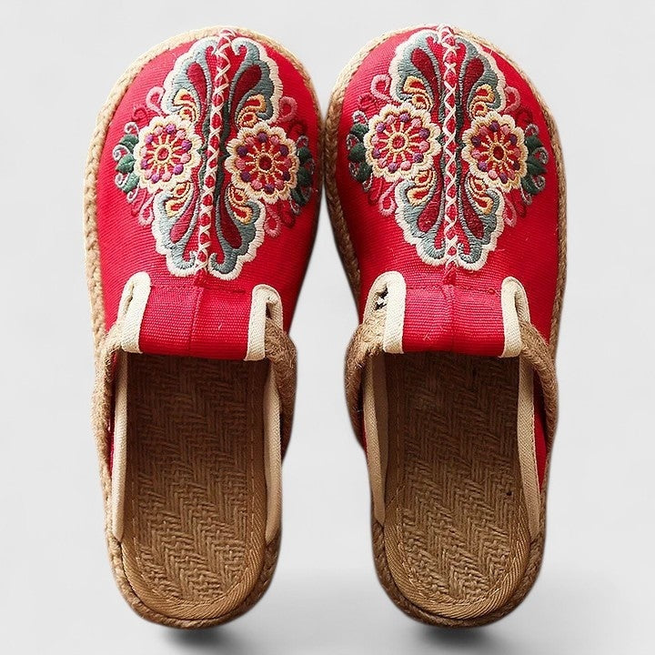 Mules Bordadas Florales Mujer Sin Talón